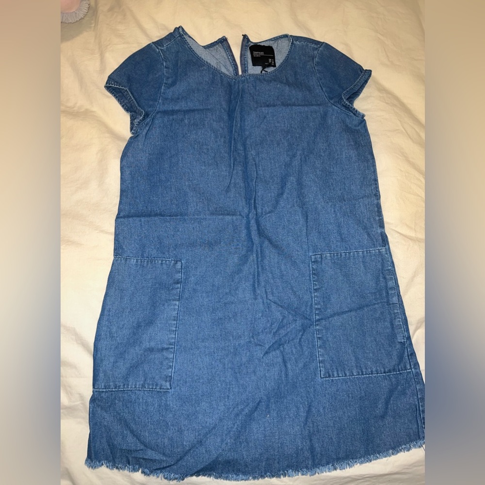 Zara Trafaluc Size Medium Denim Makers Dress Shift Front Square Pockets Blue